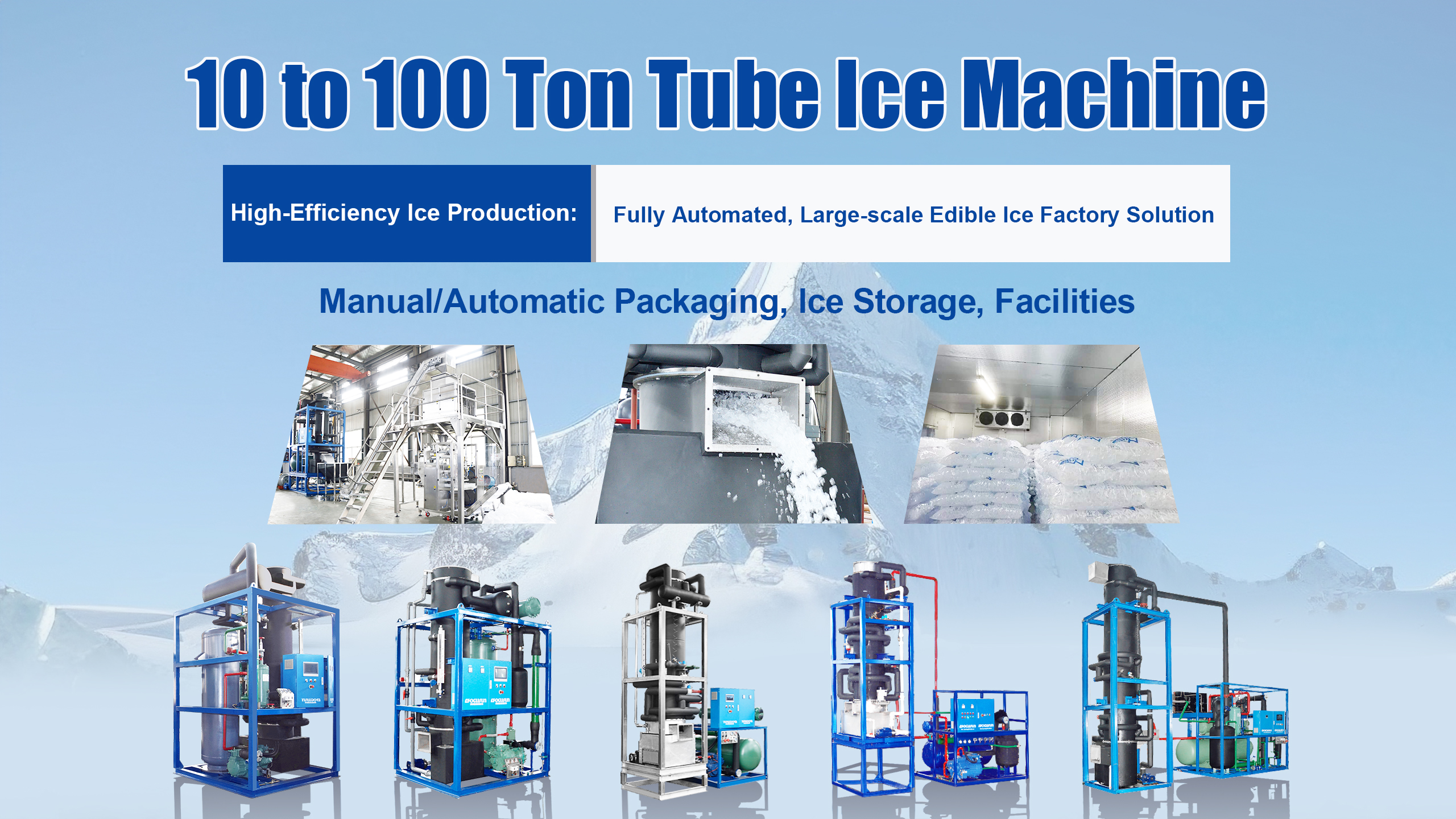 Industrial tube ice machine utilizing automated PLC control and a vertical shell-and-tube design to optimize cooling energy.