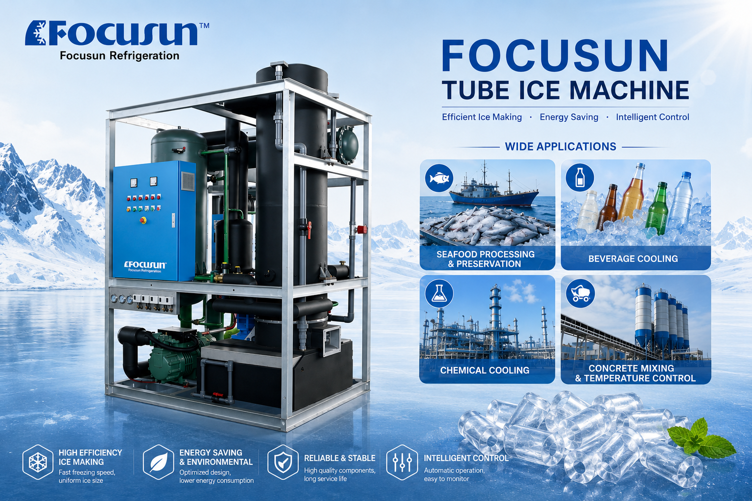 High-efficiency Focusun tube ice maker featuring a food-grade SUS304 stainless steel evaporator for hygienic commercial ice production.