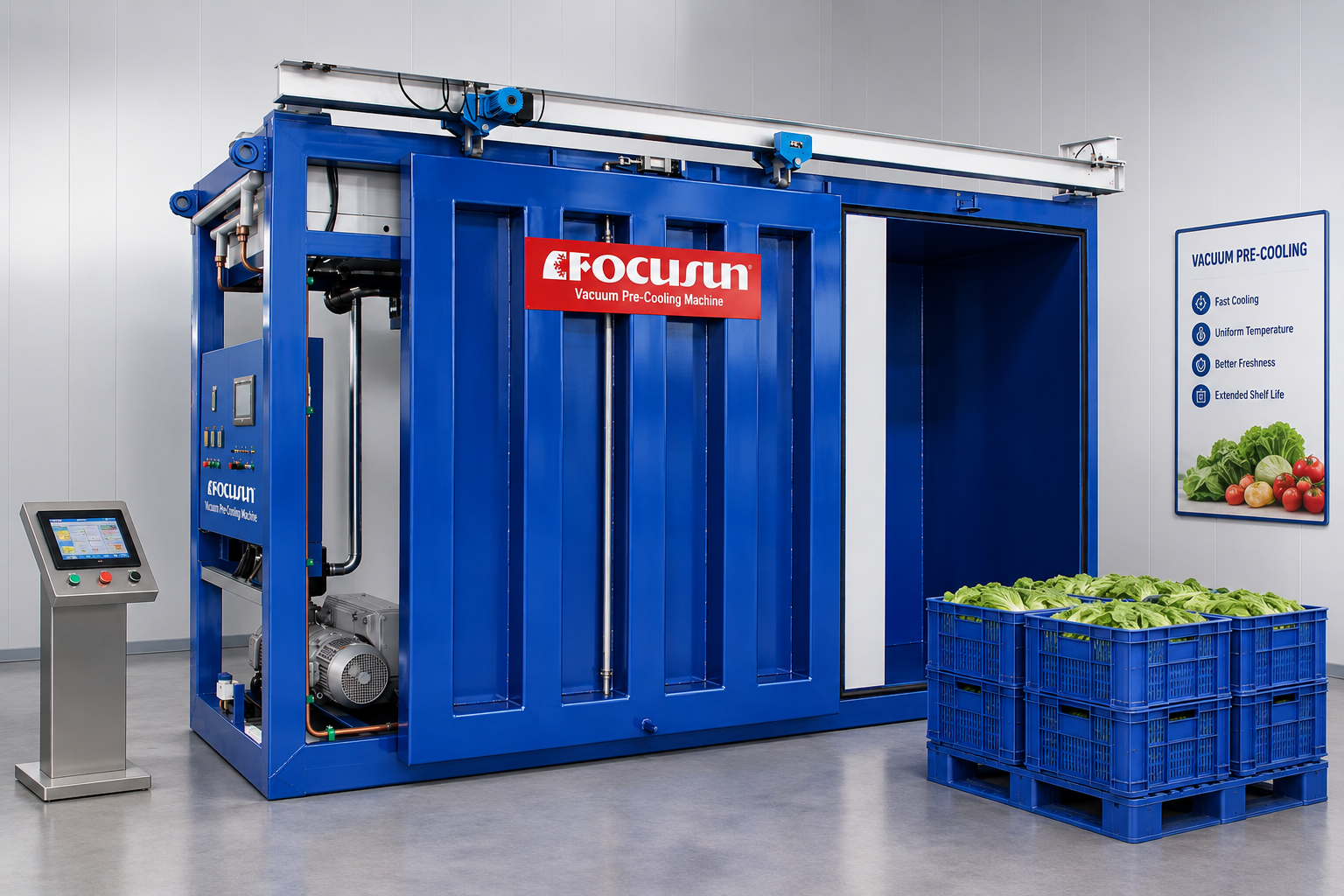 Heavy-duty large vacuum cooler chamber engineered by Focusun for uniform, rapid core-to-surface temperature pull-down of palletized goods.