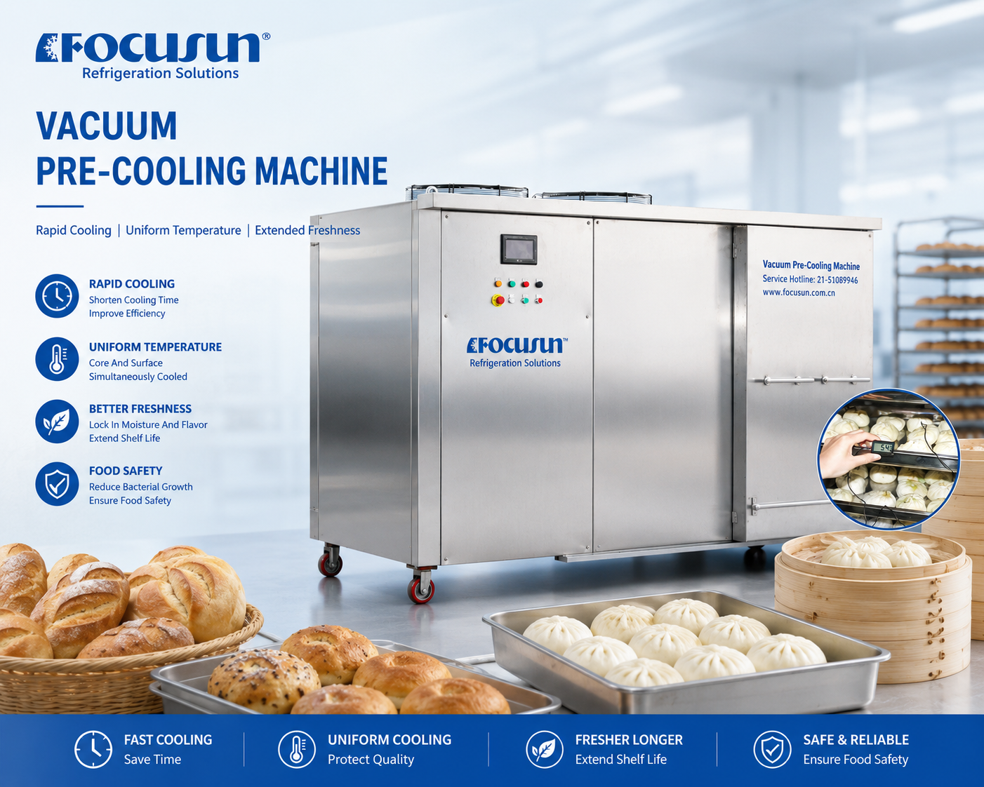 Automated vacuum cooler for bakery production lines designed to reduce baked good core temperatures in minutes while maintaining crust crispness.
