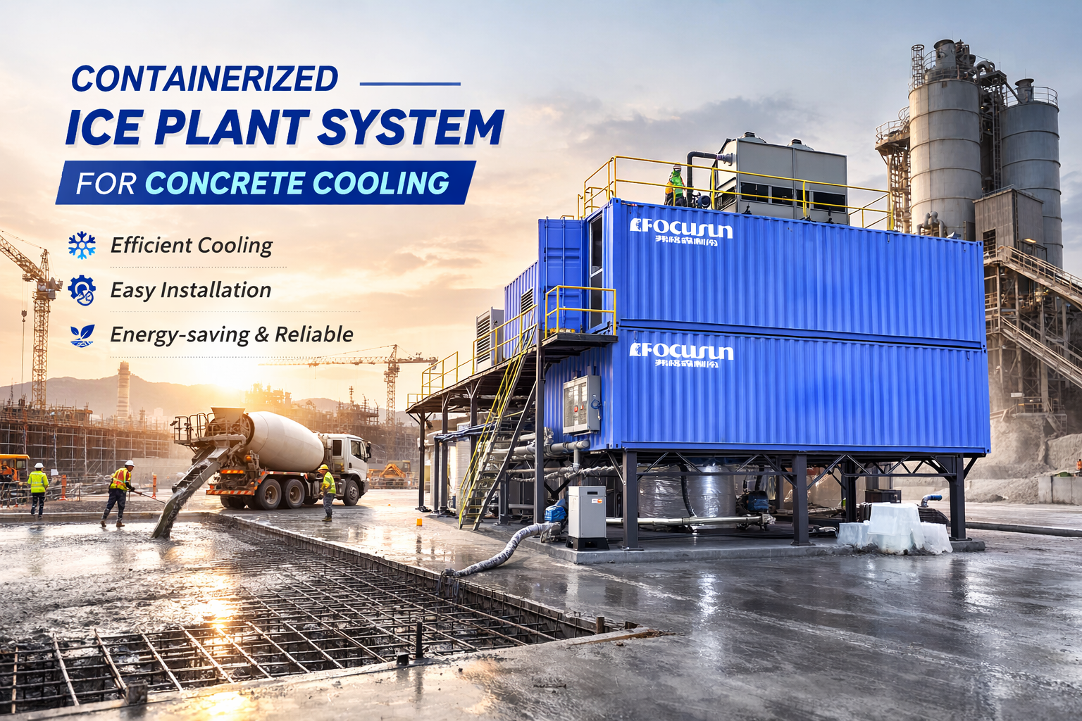 Focusun fully integrated concrete cooling plant combining chilled water systems and flake ice production to regulate mix temperatures before formwork.