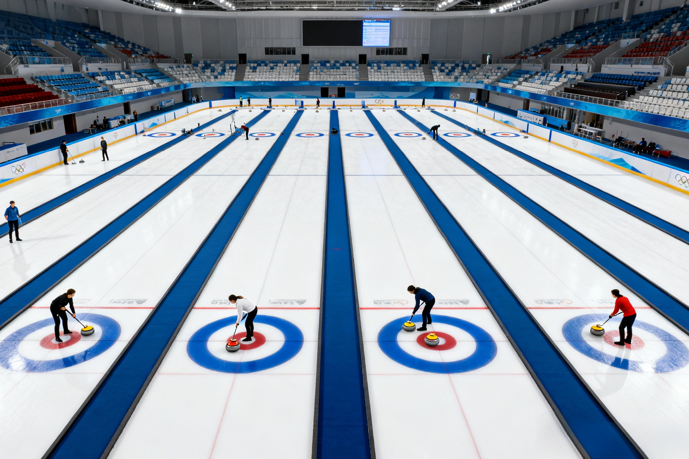 Professional curling rink layout utilizing specialized floor piping and temperature sensors for precise pebble ice conditions.