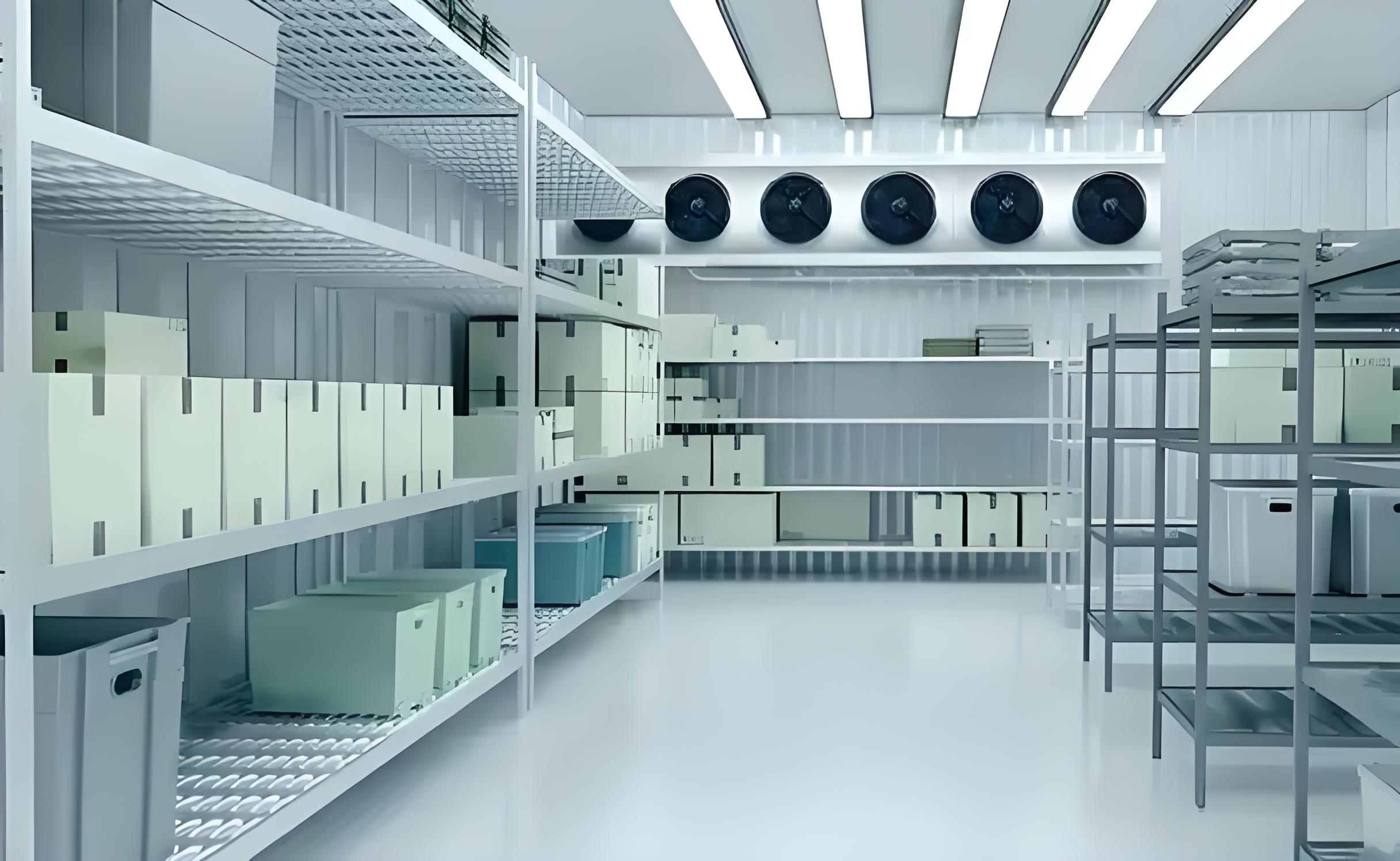 GMP-compliant pharmaceutical cold storage room tailored for secure medical raw material and finished product preservation.