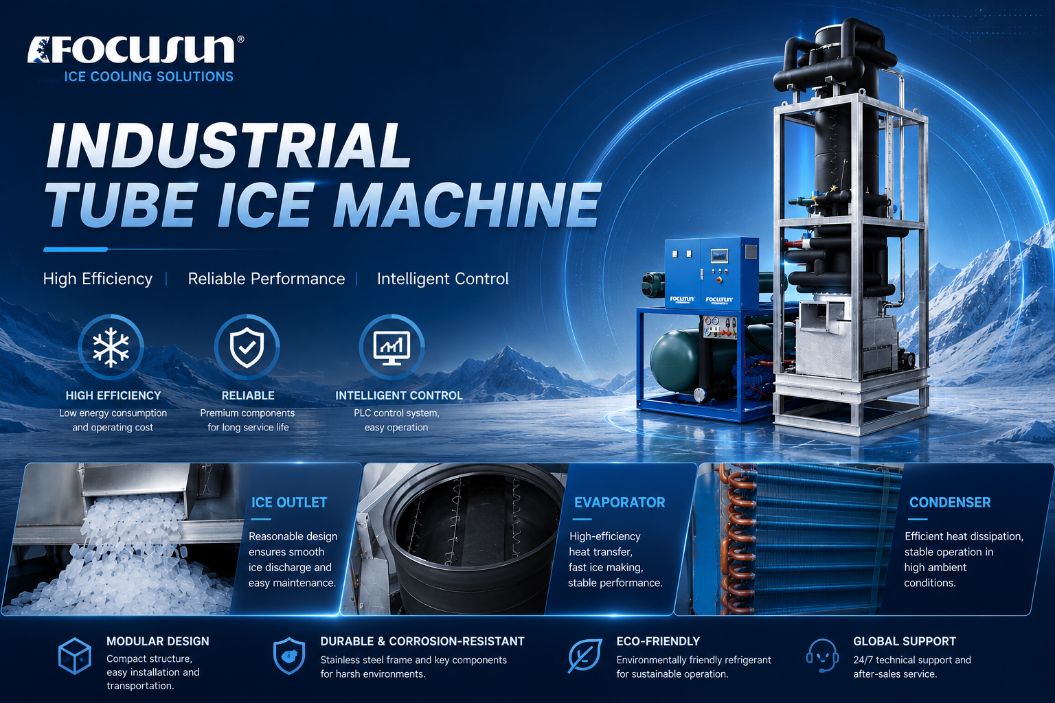 Focusun best tube ice machine for commercial and industrial food-grade ice production