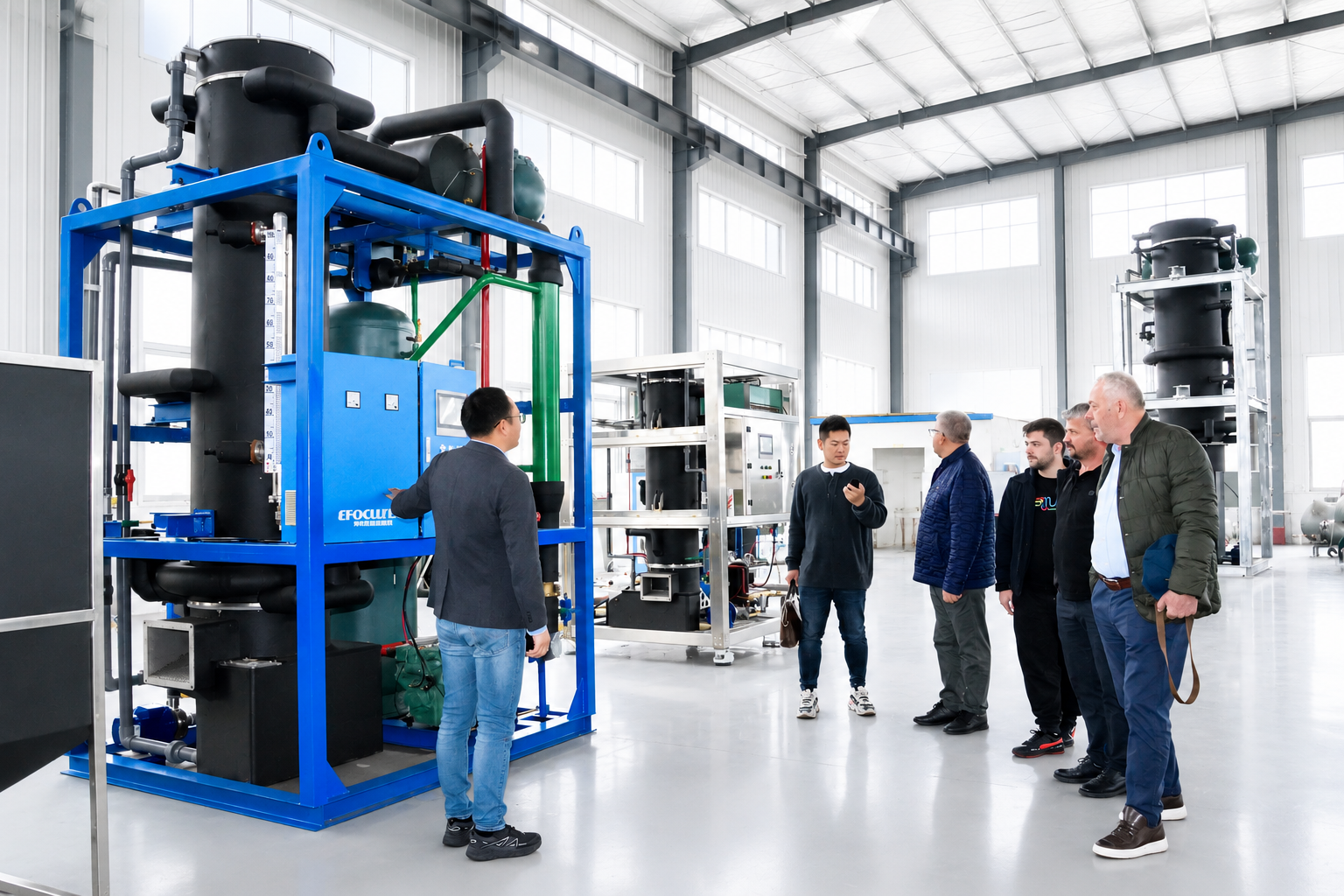 Global customer inspecting the 10t tube ice machine operation in factory