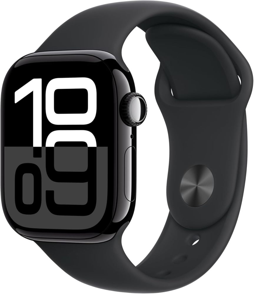 Apple Watch Series 10 [GPS + Cellular 42mm case] Smartwatch with Jet Black Aluminium Case with Black Sport Band - S/M. Fitness Tracker, ECG App, Always-On Retina Display, Water Resistant