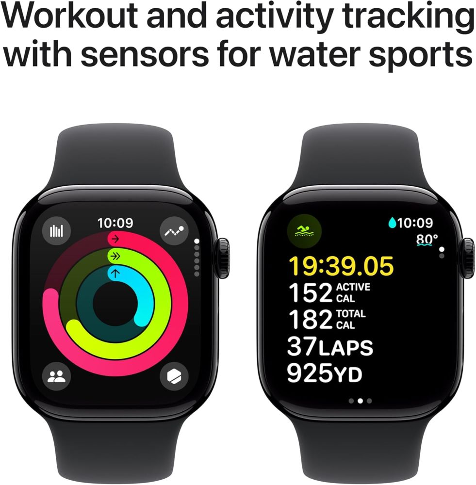 Apple Watch Series 10 [GPS + Cellular 42mm case] Smartwatch with Jet Black Aluminium Case with Black Sport Band - S/M. Fitness Tracker, ECG App, Always-On Retina Display, Water Resistant
