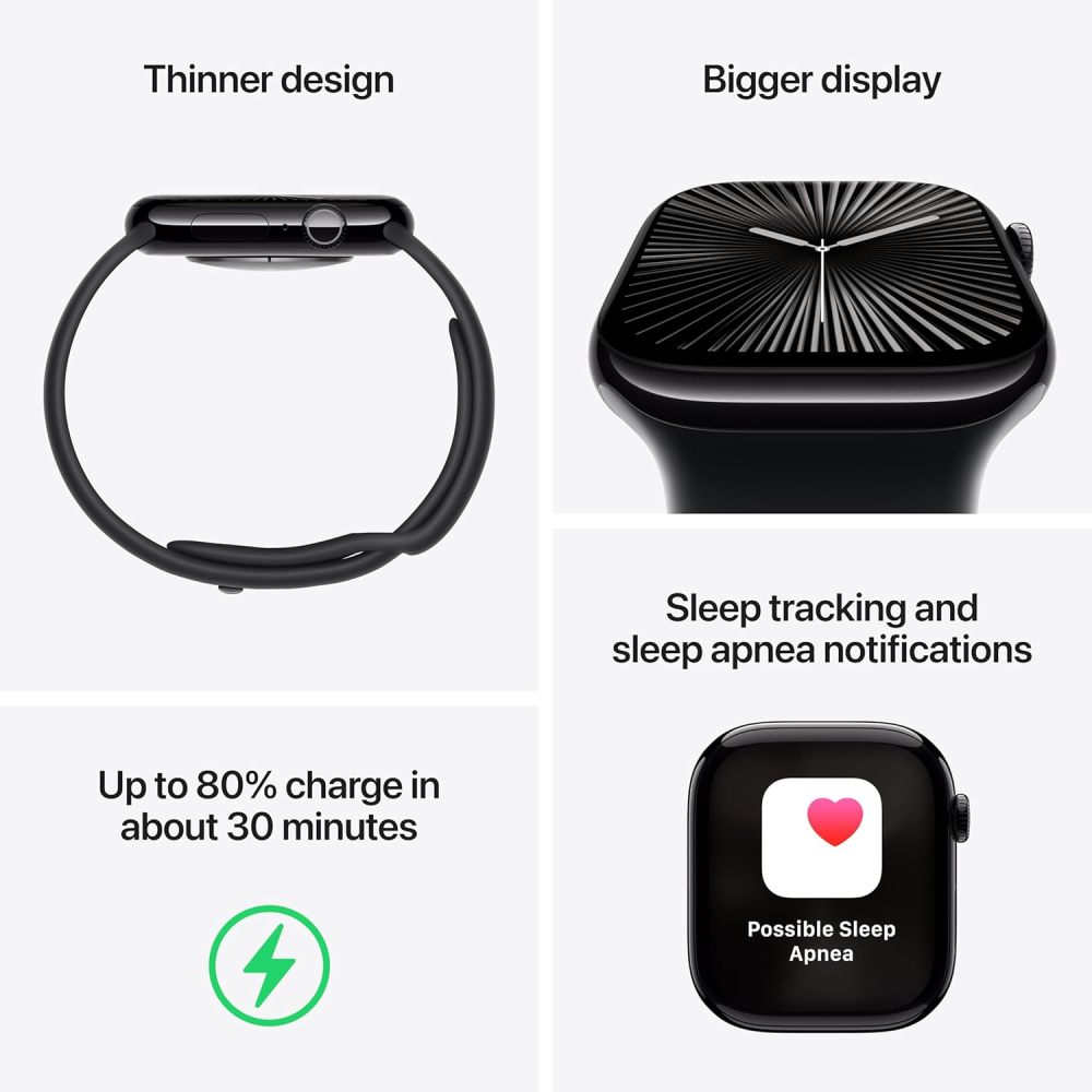 Apple Watch Series 10 [GPS + Cellular 42mm case] Smartwatch with Jet Black Aluminium Case with Black Sport Band - S/M. Fitness Tracker, ECG App, Always-On Retina Display, Water Resistant