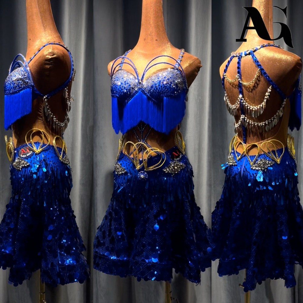 Gemstone Blue Large Flared Sequin Latin dress