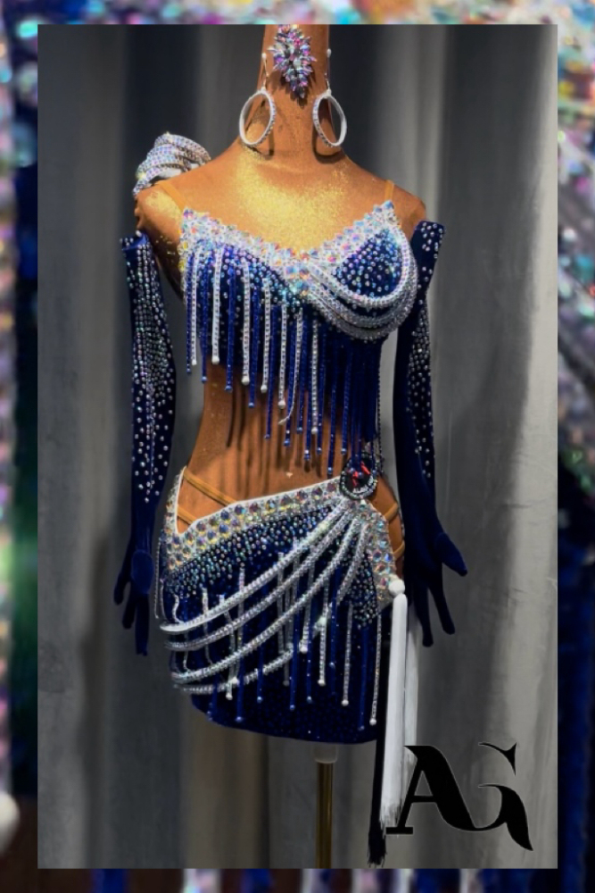 AG Blue Diamond Embellished High-End Velvet Split Dance Dress with Tassels