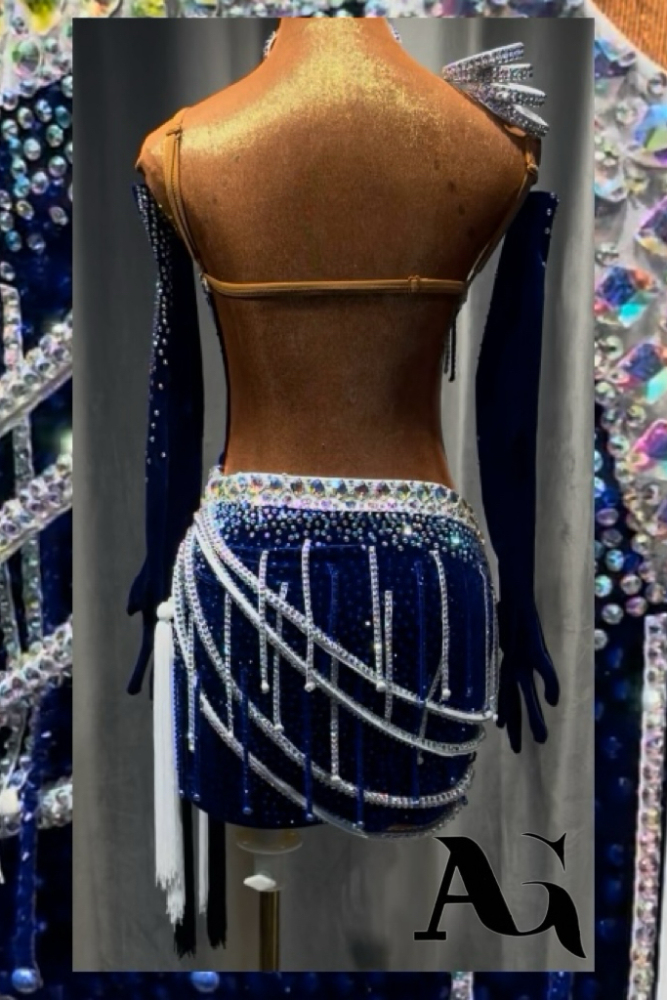 AG Blue Diamond Embellished High-End Velvet Split Dance Dress with Tassels