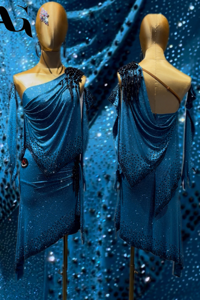 AG High-end imported fabric fully covered with diamonds, gorgeous and shiny blue drape, UK Blackpool (same-style) competition costume