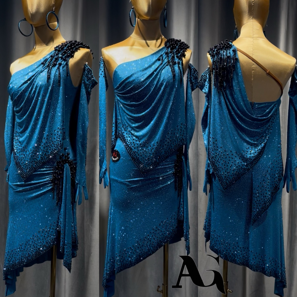 AG High-end imported fabric fully covered with diamonds, gorgeous and shiny blue drape, UK Blackpool (same-style) competition costume