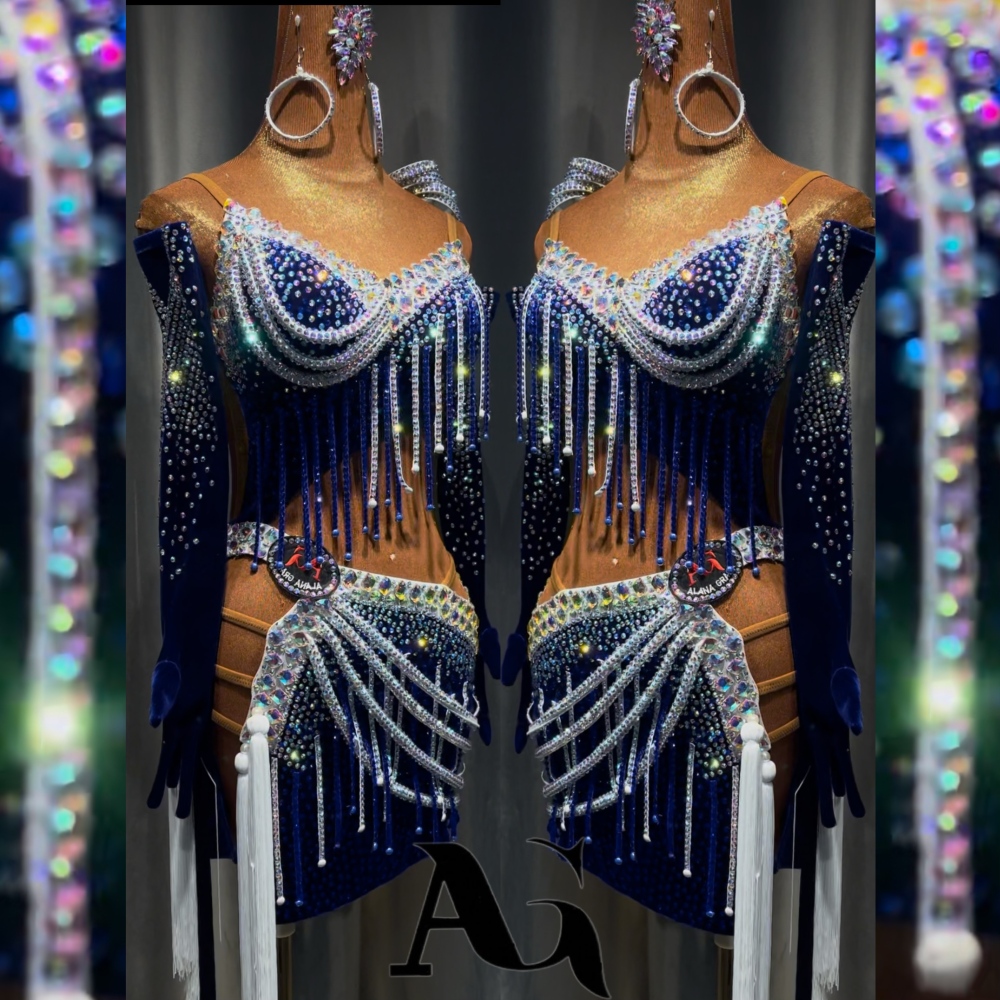 AG Blue Diamond Embellished High-End Velvet Split Dance Dress with Tassels