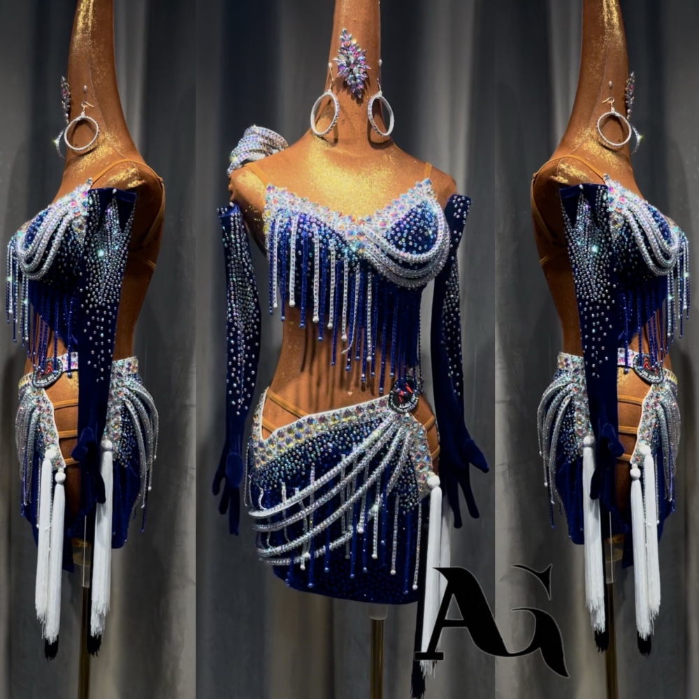 AG Blue Diamond Embellished High-End Velvet Split Dance Dress with Tassels