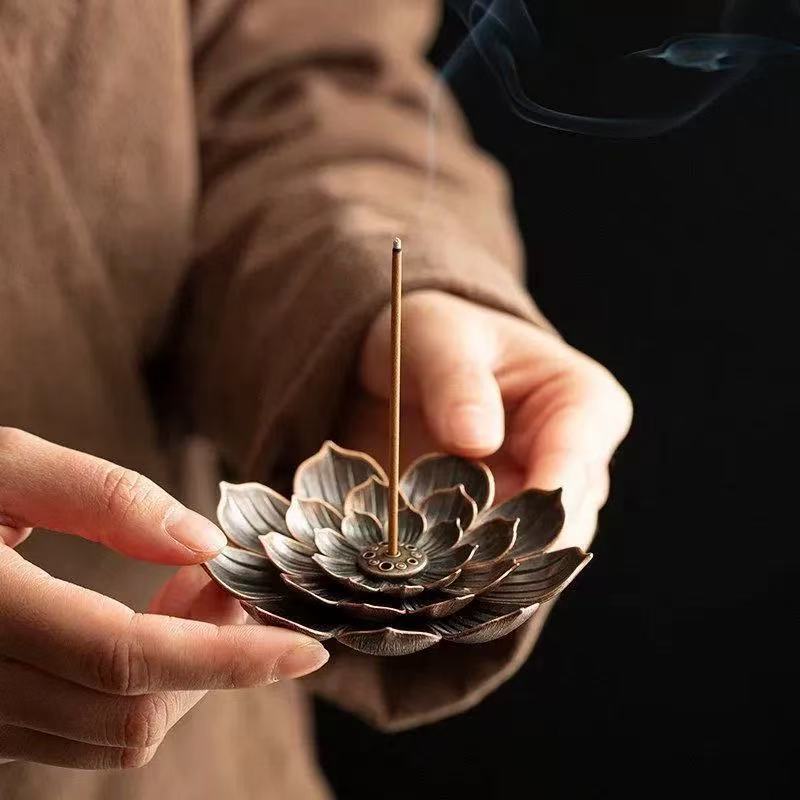 Porous Copper Lotus Flower Incense Holder