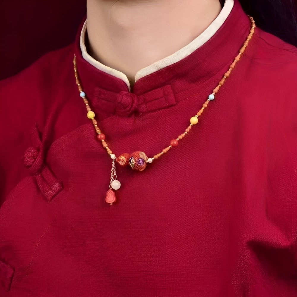 Cinnabar Painted Peaceful Gourd Olive Kernel Necklace