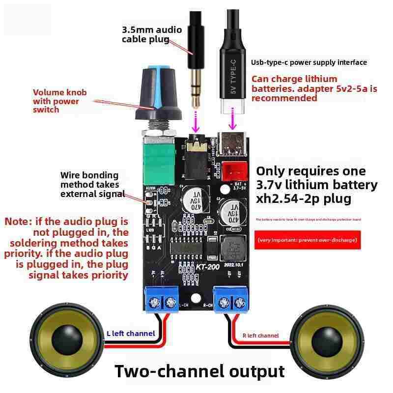 KT-200BT Dual Channel 2x20W Stereo Amplifier Board | 3.7-5V Rechargeable DIY Desktop Speaker Kit