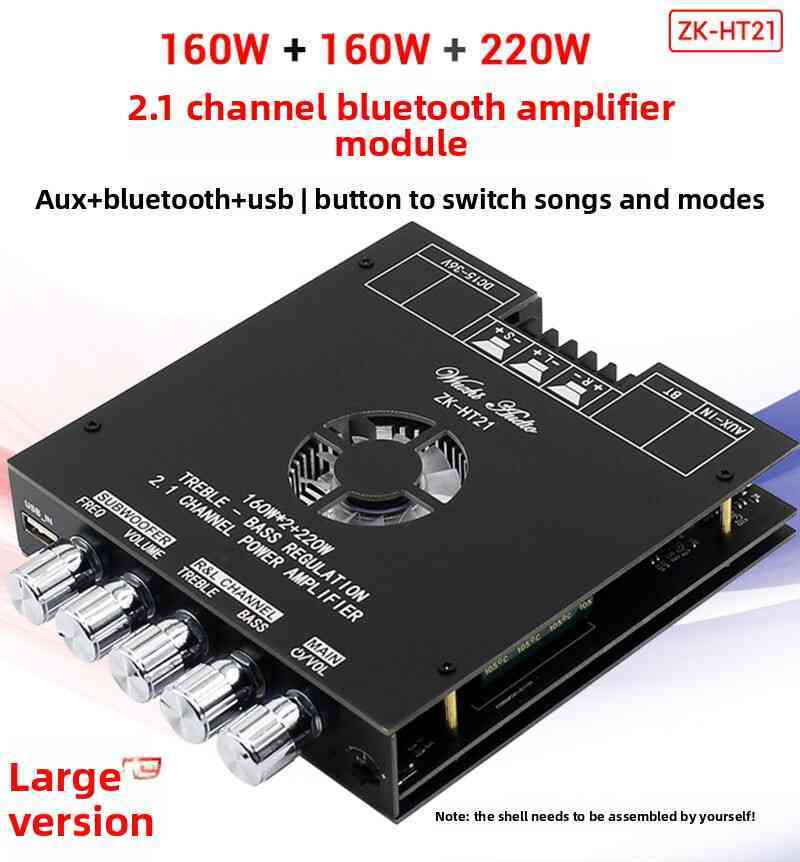 High Power 2.1-Channel Audio Amplifier | ZK-HT21 Bluetooth 5.0 Board with 2×160W+220W Sub Output & Multi-Input (AUX/USB)