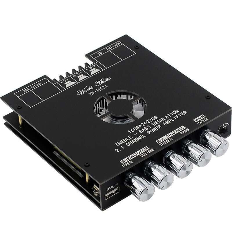 High Power 2.1-Channel Audio Amplifier | ZK-HT21 Bluetooth 5.0 Board with 2×160W+220W Sub Output & Multi-Input (AUX/USB)