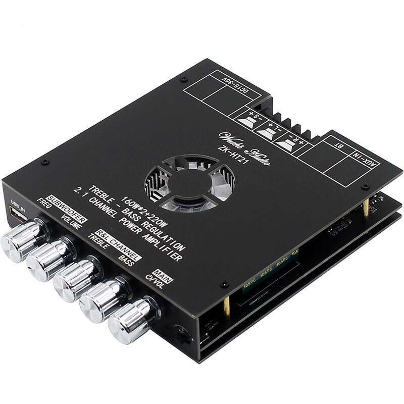High Power 2.1-Channel Audio Amplifier | ZK-HT21 Bluetooth 5.0 Board with 2×160W+220W Sub Output & Multi-Input (AUX/USB)