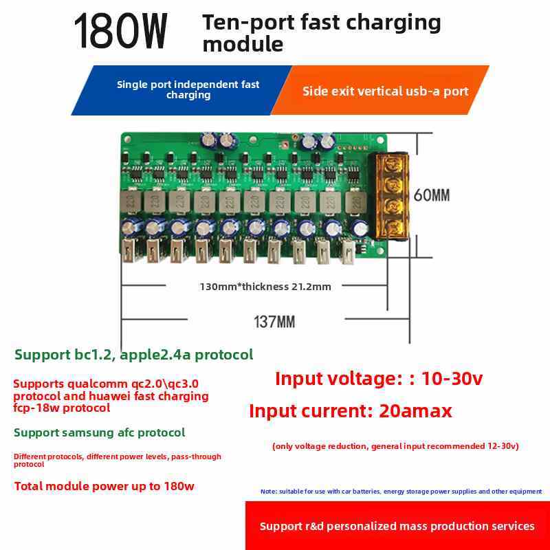 180W 10-Port USB-A Car Charger | 12V/24V DC Step-Down Fast Charging Board for Mobile Phones & Tablets