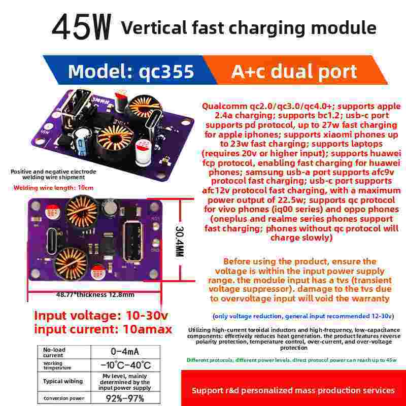 45W/65W/90W/120W PD+QC3.0 Car Charger Module | 12V/24V DC to USB Fast Charging Board