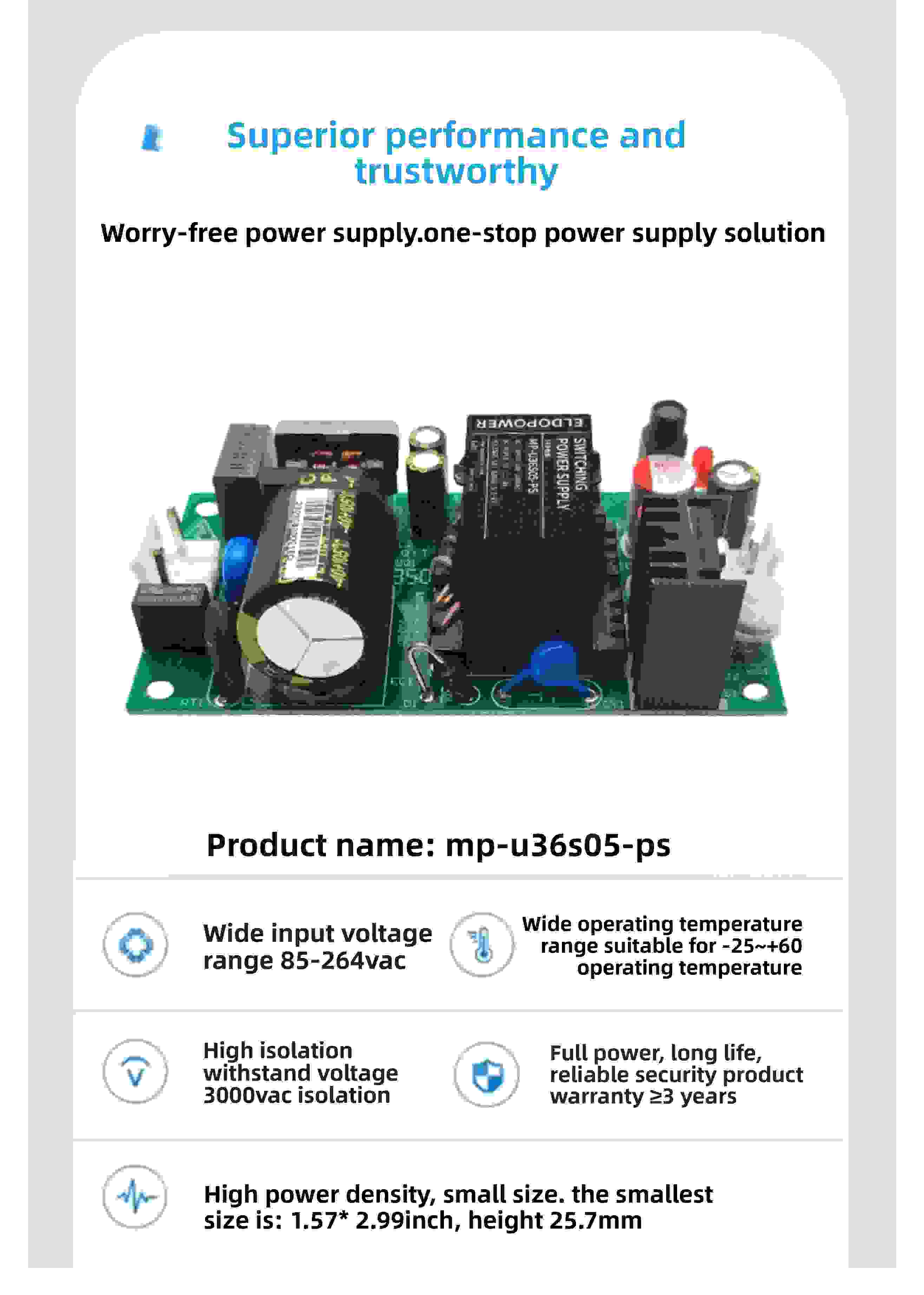 36W Ultra-Compact AC-DC Bare Board Power Supply - 220V to 5V/6A, 3000VAC Isolation