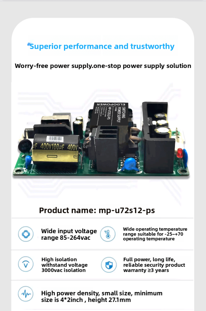 72W AC-DC Power Module | 85-264VAC Input, 5V/12V/24V/36V/48V Adjustable Output, 3000VAC Isolation