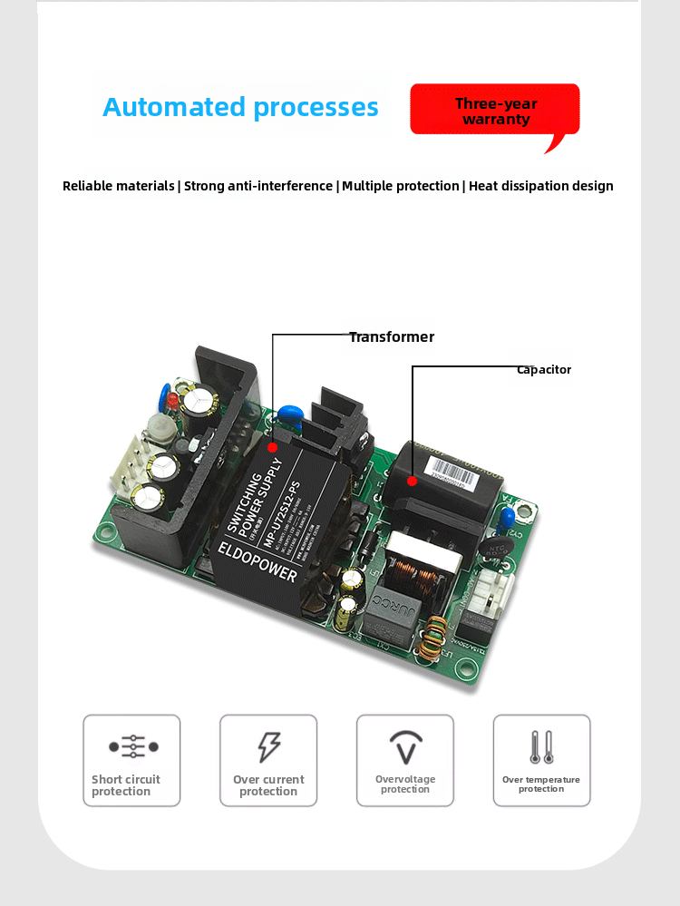 72W AC-DC Power Module | 85-264VAC Input, 5V/12V/24V/36V/48V Adjustable Output, 3000VAC Isolation