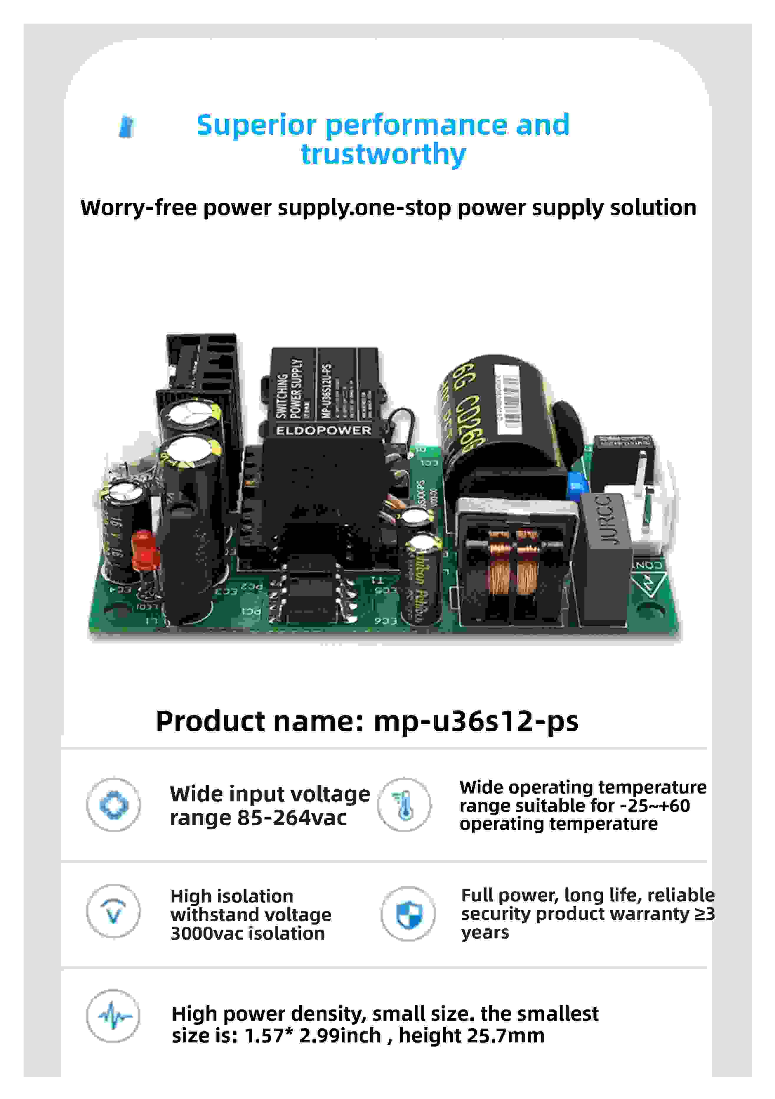 36W AC-DC 220V to 12V 3A Switching Power Supply Module, Small Size, MP-U36SXX-PS Series
