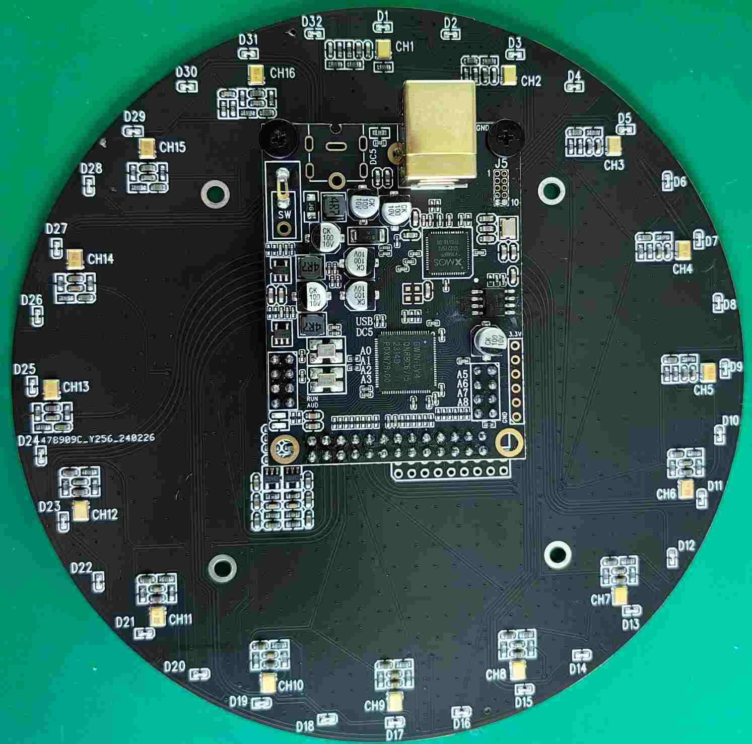 16-Channel Circular MEMS Microphone Array Kit with USB Audio Interface & 32-LED Direction Indicators