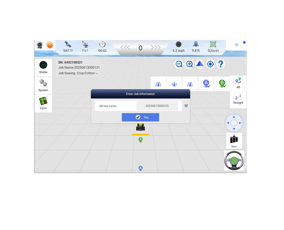 MacSteer N50 straight-line AB guidance displayed on a 10.1-inch screen