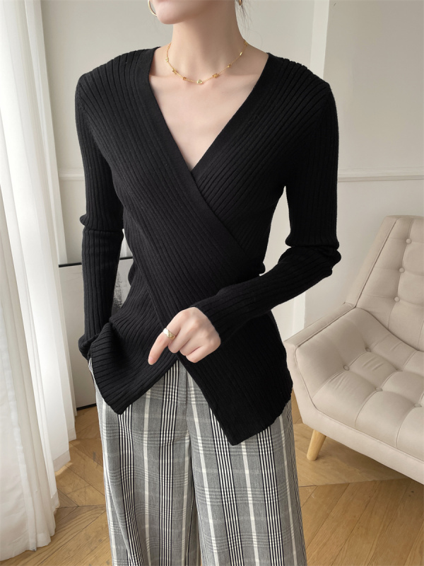 Black V-neck cross sweater