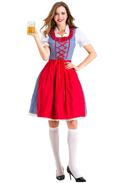 Wholesale Bavarian Outfit Female - Blue Gingham Oktoberfest Dirndl Costume