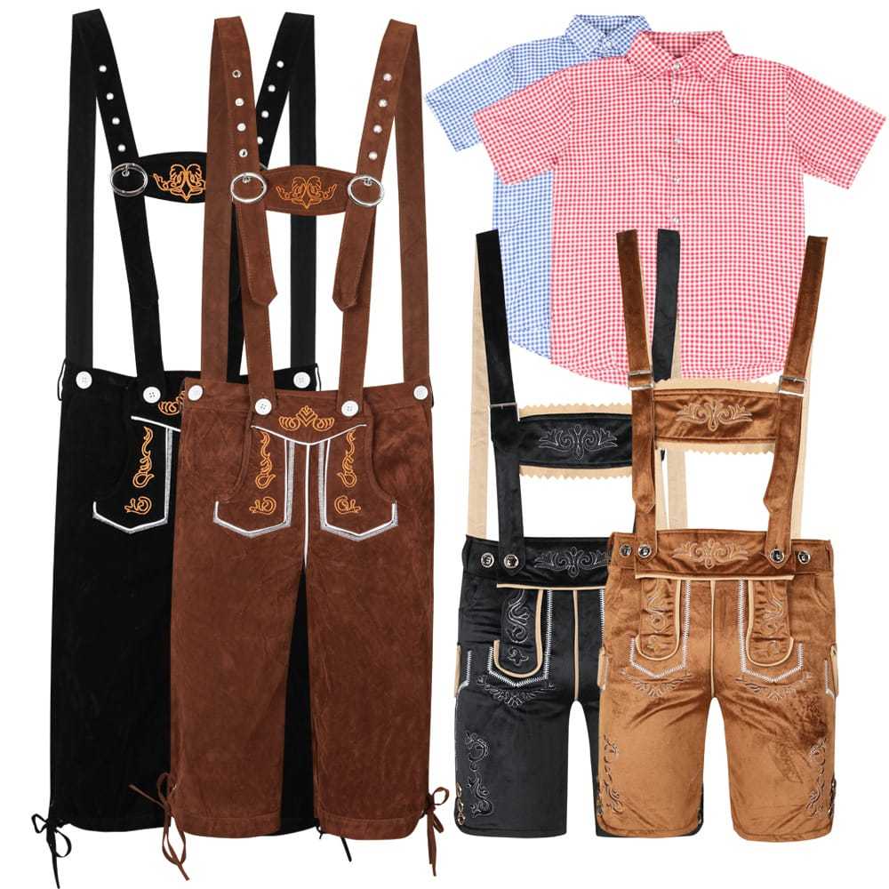 Wholesale Oktoberfest & Halloween Costumes for Adults - Brown/Black Suspender Shorts & Checkered Shirts | Festival Costumes Wholesale