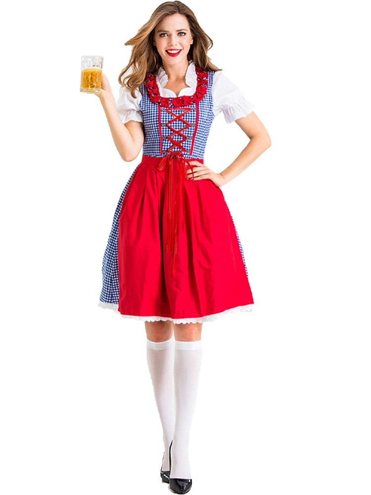 Wholesale Bavarian Outfit Female - Blue Gingham Oktoberfest Dirndl Costume