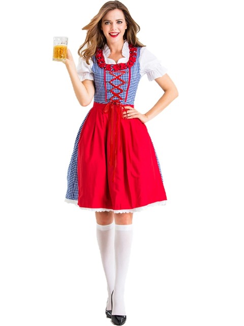 Wholesale Bavarian Outfit Female - Blue Gingham Oktoberfest Dirndl Costume