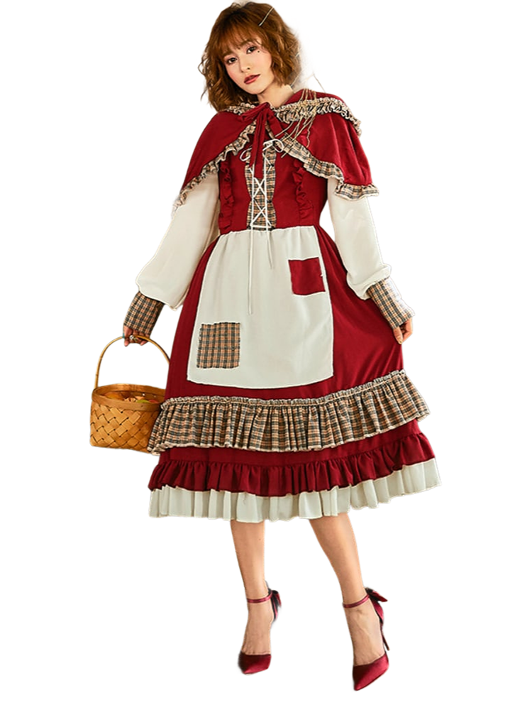Women's Vintage Plaid Ruffle Little Red Riding Hood Costume