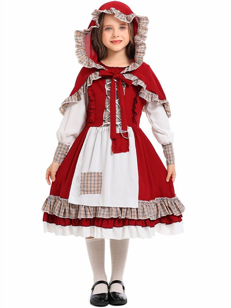 Girl’s Vintage Plaid Ruffle Little Red Riding Hood Costume
