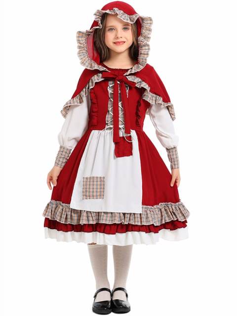 Girl’s Vintage Plaid Ruffle Little Red Riding Hood Costume
