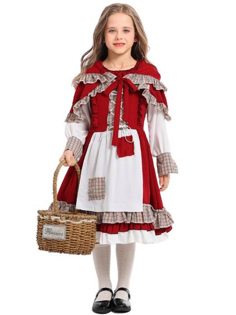 Girl’s Vintage Plaid Ruffle Little Red Riding Hood Costume