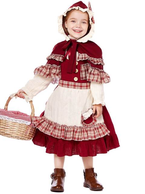 Toddler Girl’s Vintage Plaid Ruffle Little Red Riding Hood Costume