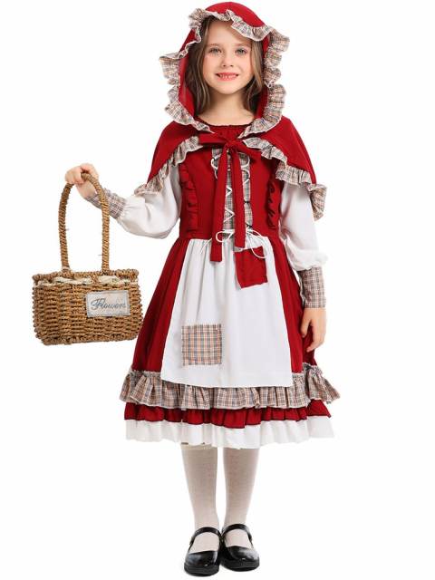 Girl’s Vintage Plaid Ruffle Little Red Riding Hood Costume