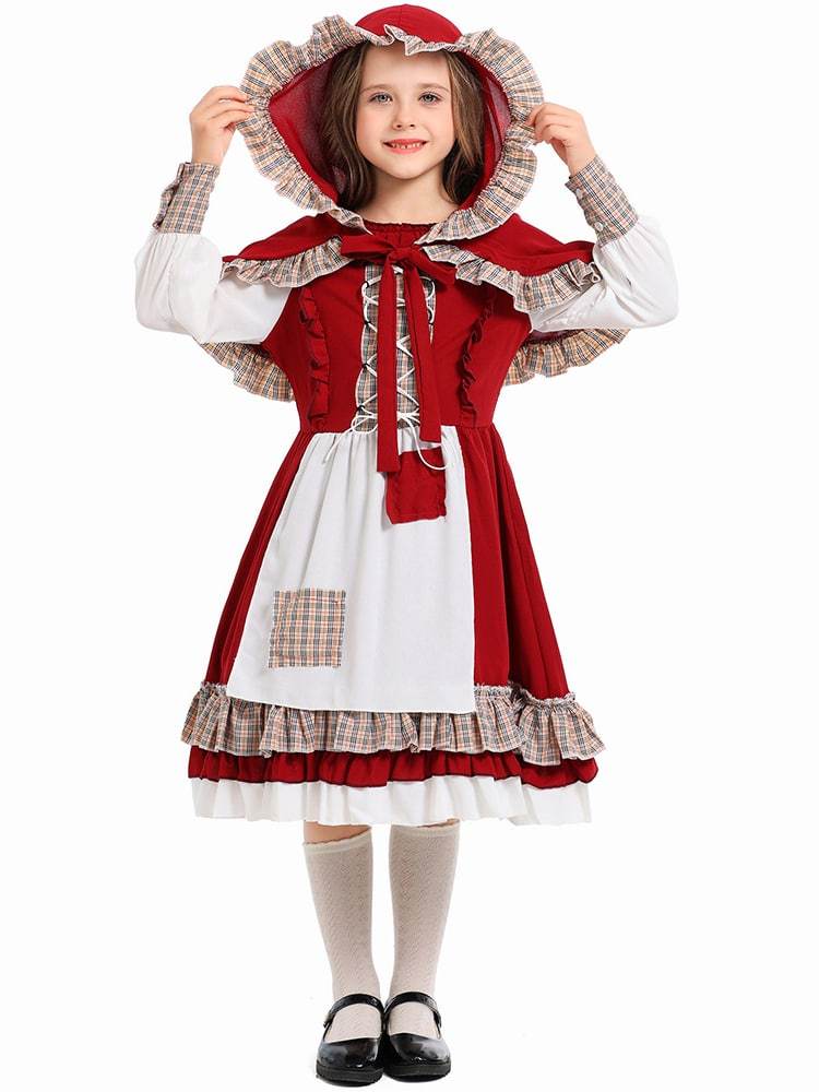 Girl’s Vintage Plaid Ruffle Little Red Riding Hood Costume