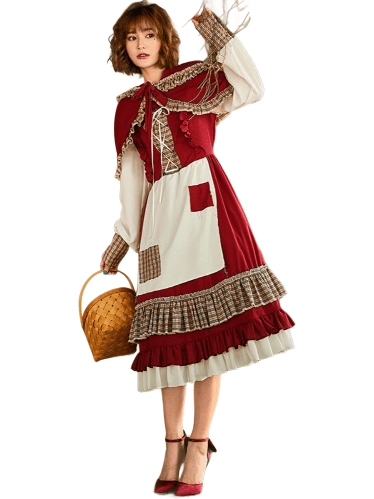 Women's Vintage Plaid Ruffle Little Red Riding Hood Costume