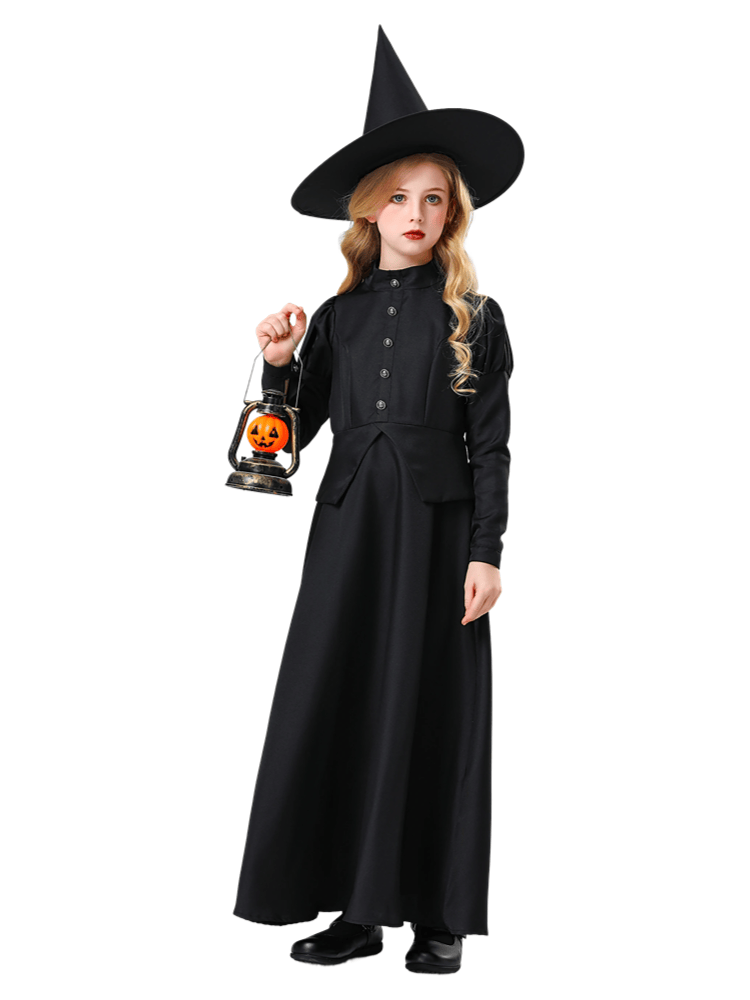 Girls Vintage Black Long Witch Dress Costume