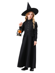 Girls Vintage Black Long Witch Dress Costume