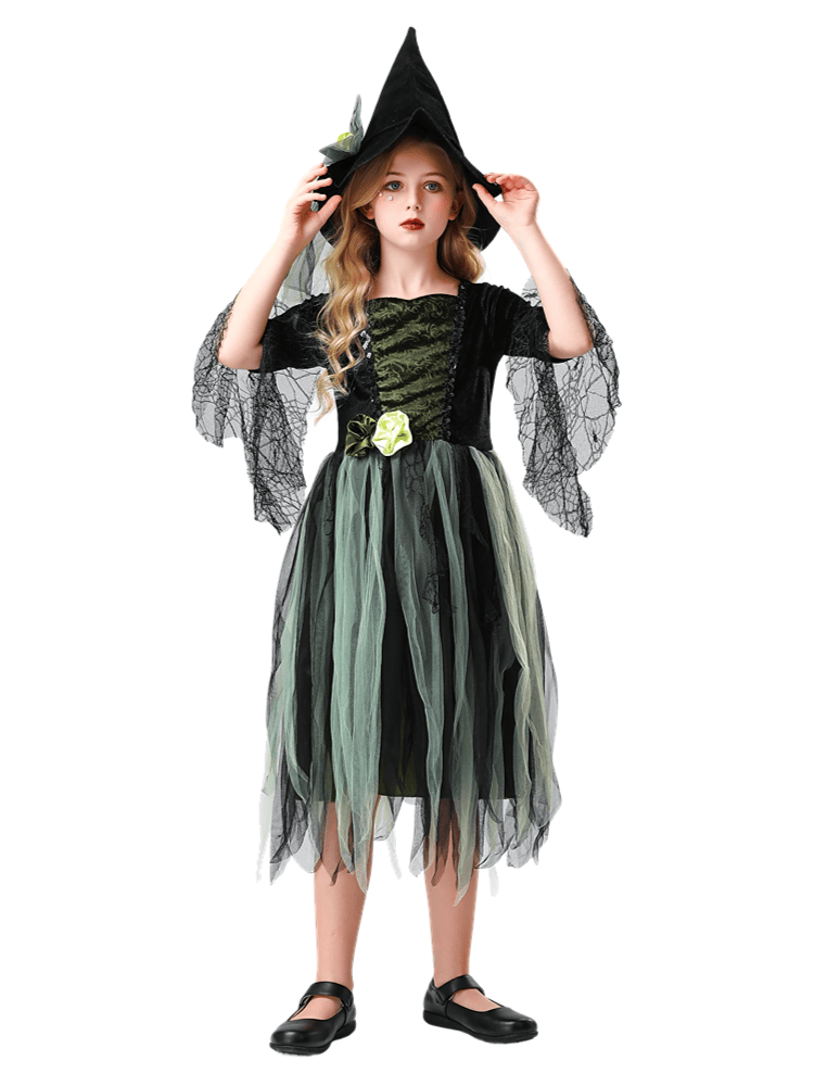 Girls Green Black Tulle Witch Dress Costume