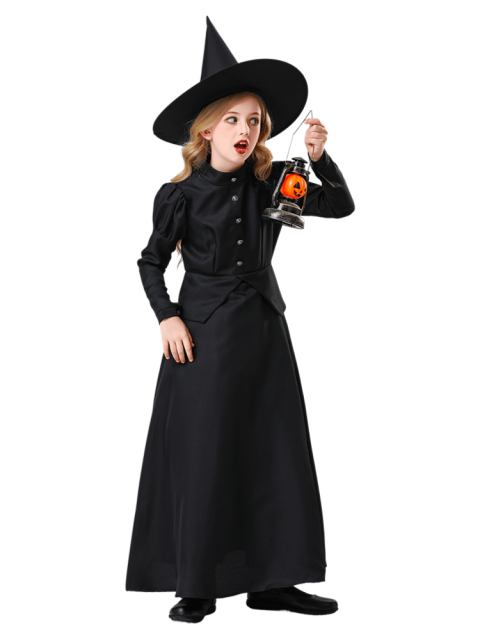 Girls Vintage Black Long Witch Dress Costume